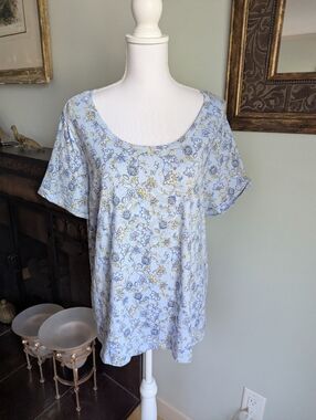 J.Jill Everyday Cotton Tee Women's XL Floral Print Blue Yellow Rolled Sleeve